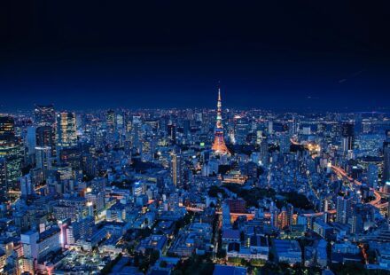 aerial view of city buildings during night time