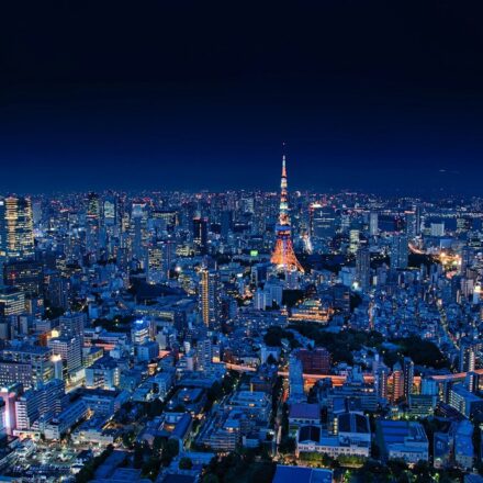 aerial view of city buildings during night time