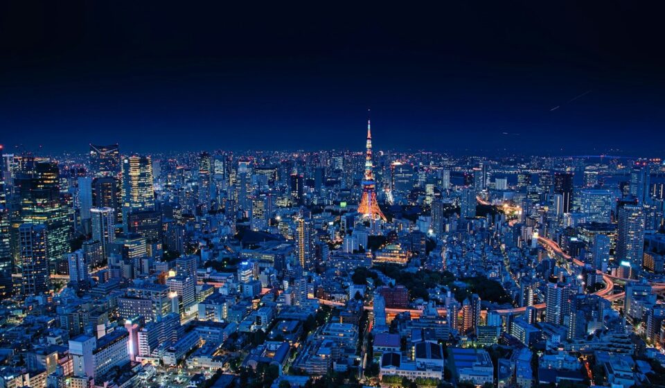 aerial view of city buildings during night time